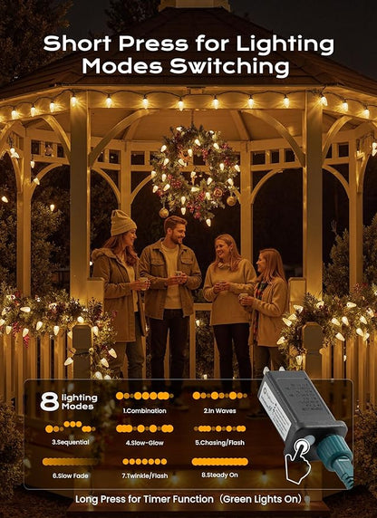 C9 Christmas Lights Outdoor, 82 FT 100 LED Connectable C9 String Lights with 8 Modes and Timer Extendable Xmas Tree Patio Roofline Garden Yard Holiday Party Indoor Outdoor Decoration, Warm White