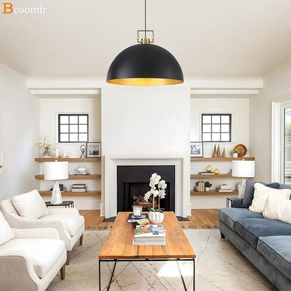 19.7" Vintage Pendant Light Industrial Pendant Light Dome Black and Gold Large Chandelier Light for Kitchen Island, Dining Room, Bedroom,Farmhouse Pendant Lighting