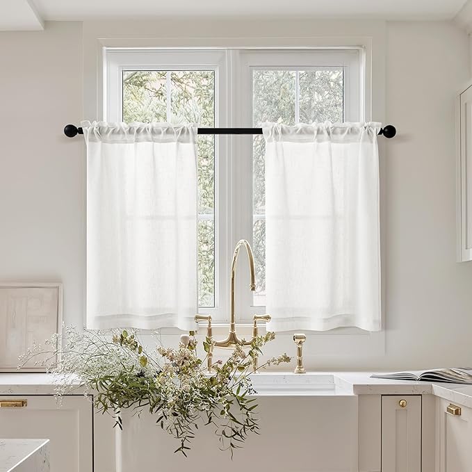 Farmhouse Kitchen Curtains with Rod Pocket 30 Inch Length 2 Panels Semi Sheer Privacy Rustic Flax Linen Short Curtains for Bathroom Cafe Camper Ivory White