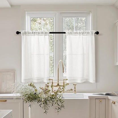 Farmhouse Kitchen Curtains with Rod Pocket 30 Inch Length 2 Panels Semi Sheer Privacy Rustic Flax Linen Short Curtains for Bathroom Cafe Camper Ivory White