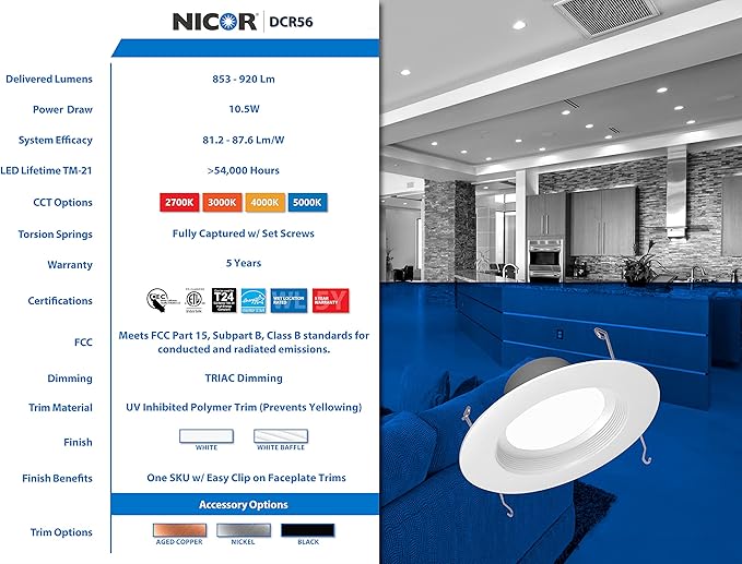 NICOR Lighting 5/6 inch 800 Lumen LED Recessed Downlight Retrofit Light Fixture in White Baffle, 2700K (DCR561081202KWHBF)