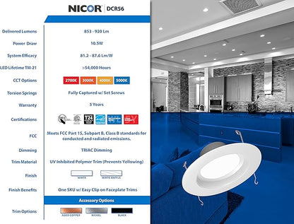 NICOR Lighting 5/6 inch 800 Lumen LED Recessed Downlight Retrofit Light Fixture in White Baffle, 2700K (DCR561081202KWHBF)