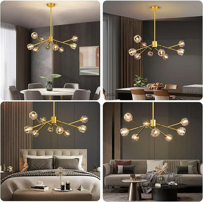 9-Light Sputnik Chandeliers, Gold Dining Room Light Fixture Over Table, Modern Crystal Chandelier, Brass Farmhouse Ceiling Light Fixture Hanging for Kitchen Island Living Room Bedroom Hallway