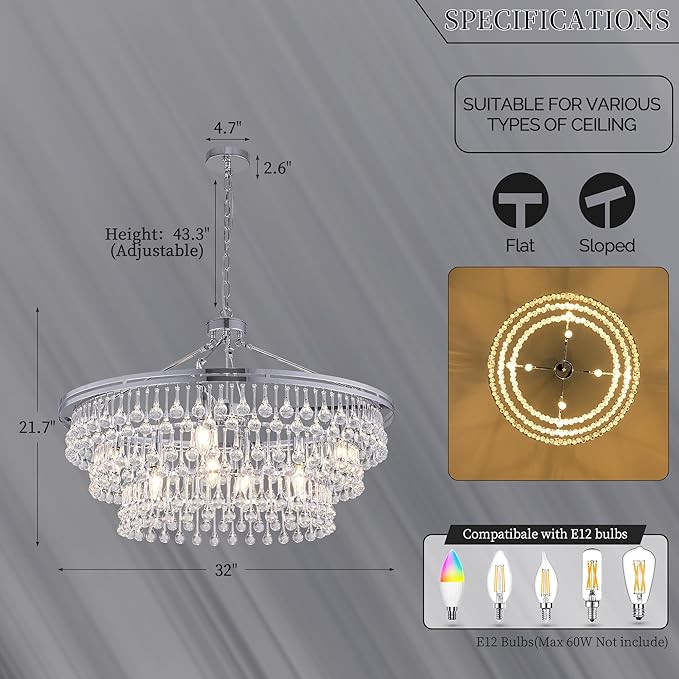 Wellmet Large Chrome Farmhouse Chandelier, 32" Round Modern Crystal Teardrop Chandelier for Dining Room, Living Room, Bedroom, Kitchen, Entryway, Hallway, Closet