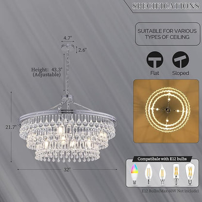 Wellmet Large Chrome Farmhouse Chandelier, 32" Round Modern Crystal Teardrop Chandelier for Dining Room, Living Room, Bedroom, Kitchen, Entryway, Hallway, Closet