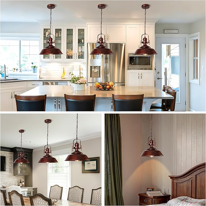 14" Copper Pendant Light, Farmhouse Industrial Vintage Hanging Light Fixture for Kitchen Island, Dining Room, Barn, Bar, Antique Red Bronze Finish