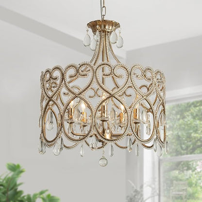 KSRYSZCQ 5-Light Crystal Chandelier 20“ French Country Chandelier Antique Silver Drum Chandelier for Dining Room Bedroom Living Room Kitchen Island