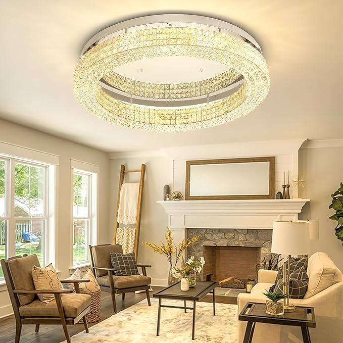 ykolupty 40'' Crystal Chandelier Light Fixture Large Chandelier for Living Room Crystal Flat Mounted Ceiling Lights Dining Room Bedroom Dimmable 2700-6000K