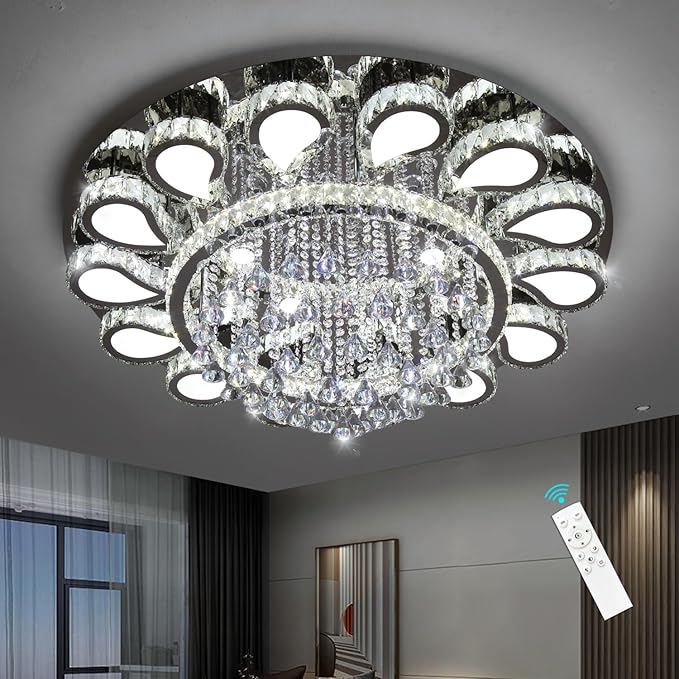 HAIXIANG Glam Crystal Chandelier for Living Room Dining Room Lights Sloped Ceiling Light Fixtures Luxury Modern Remote Dimmbale Lighting Silver 40 Inches