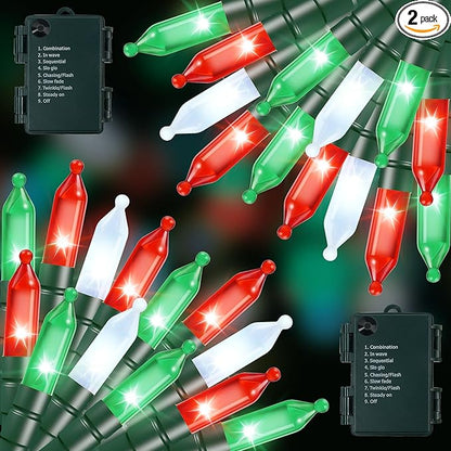 RECESKY 2 Pack Christmas String Lights with Built-in Timer - Total 100 LED 36ft Fairy Battery String Lights - Mini Lighting for Indoor Decor Wreath Lawn Bedroom Christmas Decorations - Red White Green