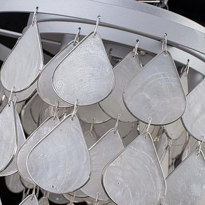 3-Light Teardrop Capiz Shell Ceiling Light, Coastal Design Flushmount Close to Ceiling Light for Kitchen, Dining Room & Bedroom, D11 * H11 inch, Silver Finish