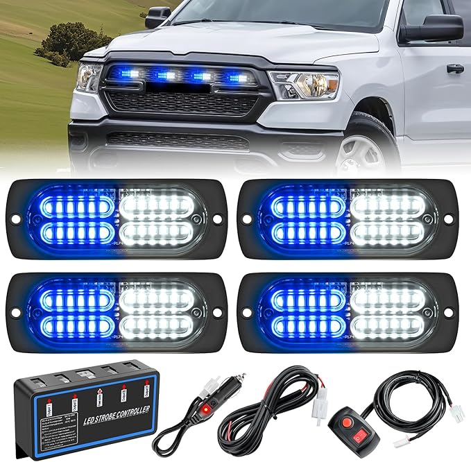 Nilight 4PCS LED Strobe lights 12V 24V Sync Feature Blue White 24LED Emergency Hazard Warning Lights with Controller Hard Wire or Cigarette Lighter Plug for Car Truck RVs Campers