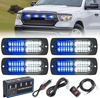 Nilight 4PCS LED Strobe lights 12V 24V Sync Feature Blue White 24LED Emergency Hazard Warning Lights with Controller Hard Wire or Cigarette Lighter Plug for Car Truck RVs Campers