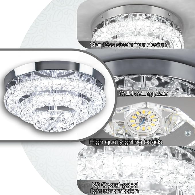 11.8" Crystal Chandeliers Modern Crystal Ceiling Light LED Chandeliers Semi Flush Mount Chandelier Ceiling Light Fixture for Bedrooms Dining Living Room Hallway (6500K Cool White)
