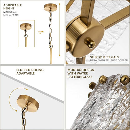 16" Gold Chandelier Light Fixture,Brass Pendant Modern Crystal Chandelier,Water Ripple Glass, Adjustable Height, Elegant Round Hanging Lighting for Kitchen Island Entryway Foyer Dining Room