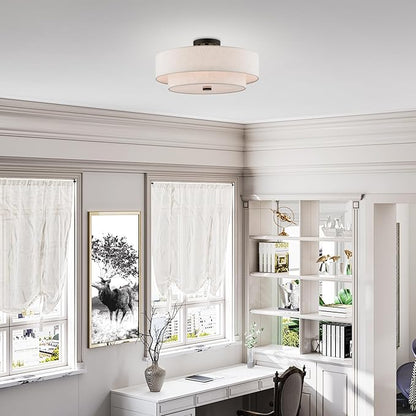 Livex Lighting 51085-92 4-Light Semi Flush Mount Ceiling Fixture with Oatmeal Color Fabric Hardback Drum Shade and Satin White Diffuser, English Bronze