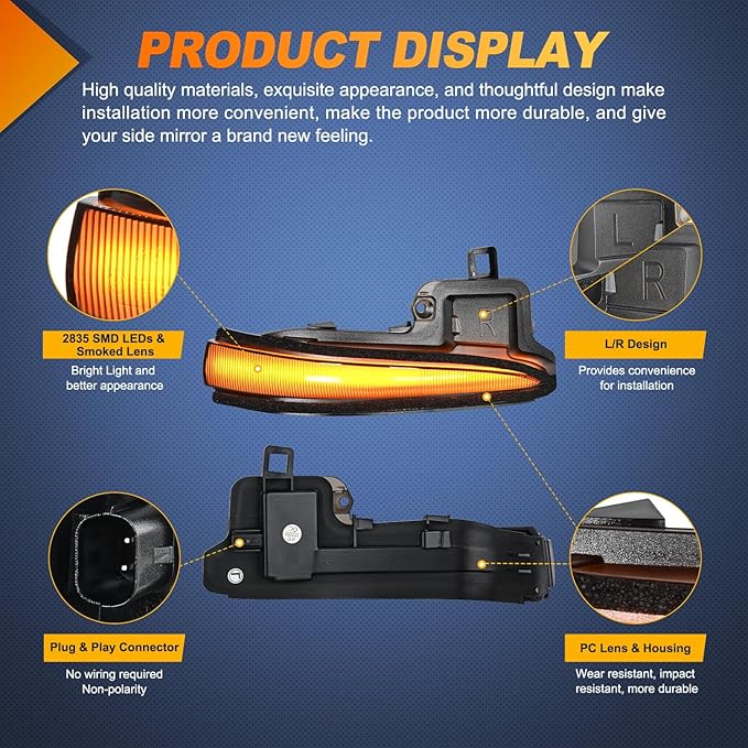 Nilight Side Mirror Marker Light Sequential Amber Left Right Turn Signal Lights Smoked Lens Plug and Play Waterproof Compatible With Toyota Tacoma RAV4 XA50 Highlander XU70