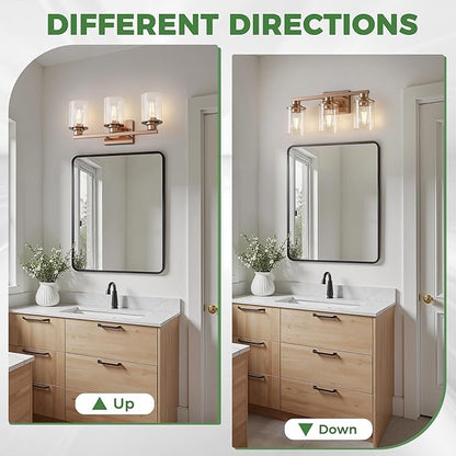 DORESshop 17 Inch Bathroom Light Fixtures, 3-Light Antique Patina Bathroom Lighting Fixtures Over Mirror with Clear Glass Shade, Vanity Lights for Living Room Bedroom