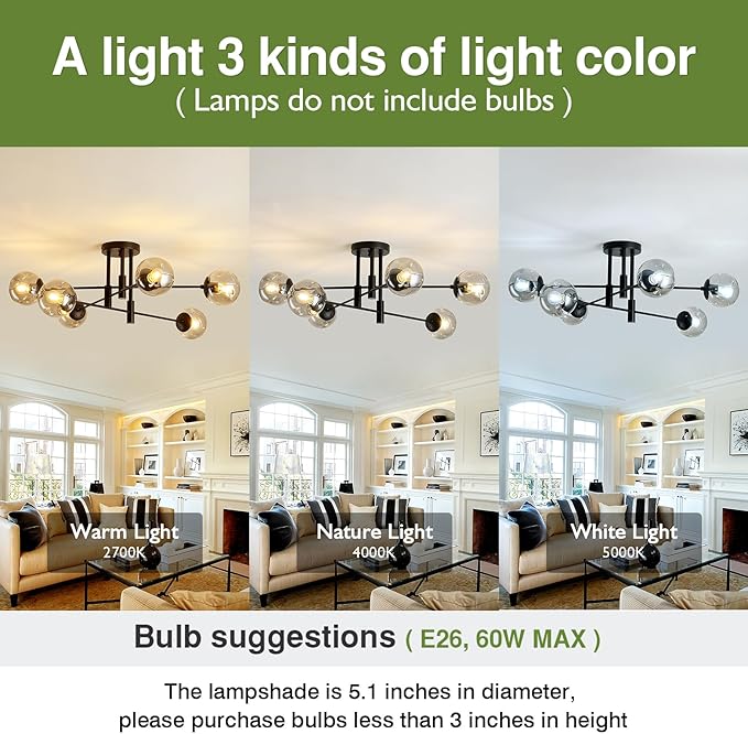 6-Lights Glass Globe Sputnik Chandelier Modern Flush Mount Ceiling Light Fixture Black Farmhouse Lighting for Dining Room Living Room Bedroom Kitchen Passageway.
