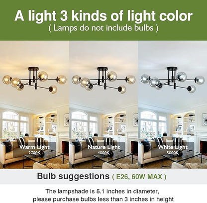 6-Lights Glass Globe Sputnik Chandelier Modern Flush Mount Ceiling Light Fixture Black Farmhouse Lighting for Dining Room Living Room Bedroom Kitchen Passageway.
