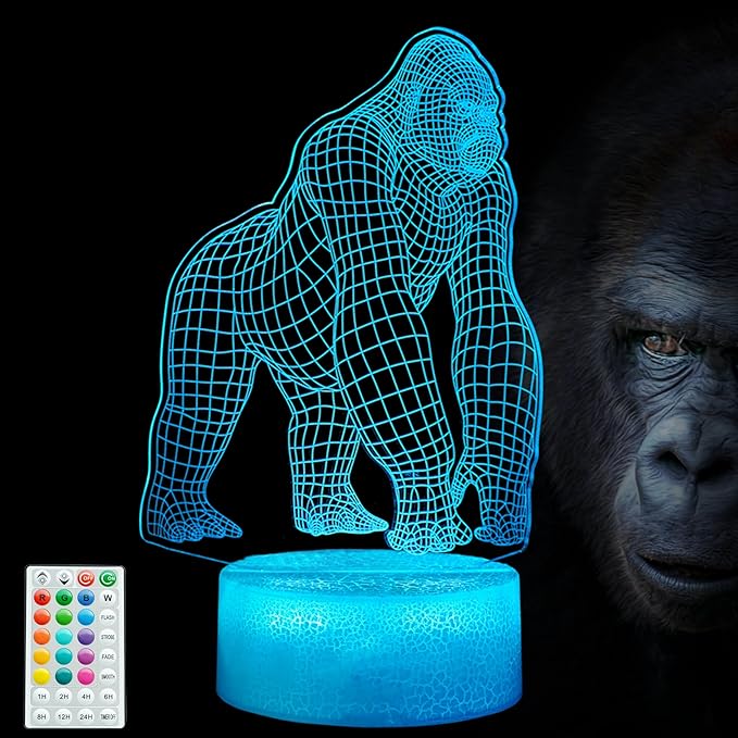 Gorilla Night Light, Gorilla Gifts, Ape 3D Illusion Night Light, 16 Colors Changing, Remote Control with Timer, Kids Room Decoration Monkey Gifts for Boy