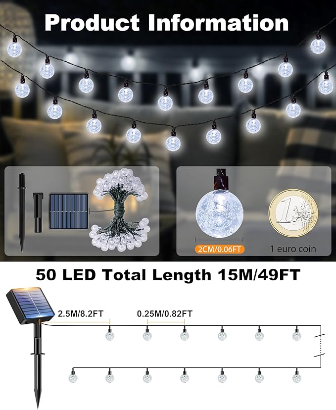 btfarm 2 Pack Solar String Lights Outdoor Waterproof, Total 98 FT 100 LED Solar Powered Patio Light, 8 Lighting Modes Crystal Globe Decoration for Garden Balcony Yard Porch Fence Party, Cool White