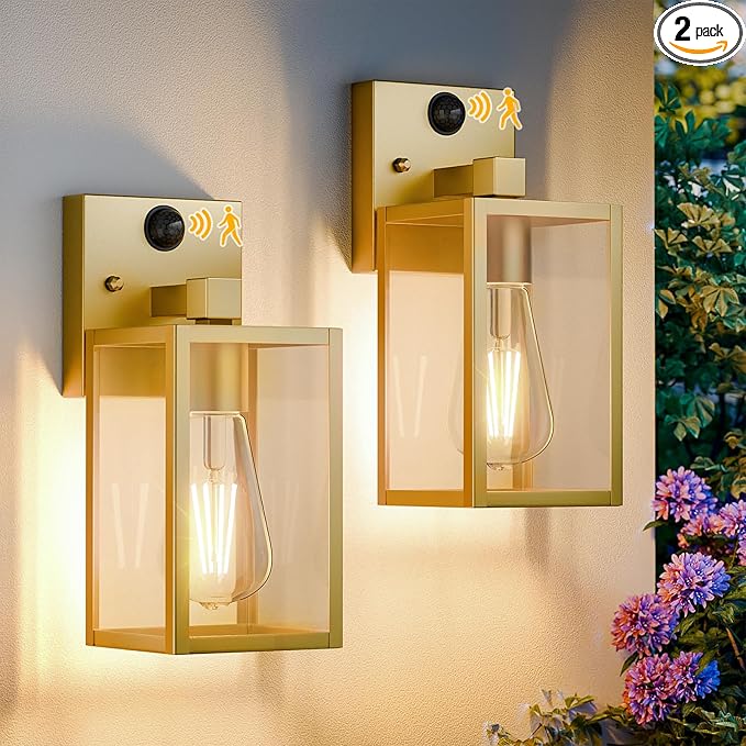 2 Pack Gold Motion Sensor Outdoor Light Fixtures Wall Mount, Dusk to Dawn Front Porch Lights for House, Exterior Wall Sconce, Waterproof Lantern Lamp,Outside Coach Light for Garage Entryway Yard
