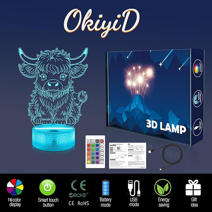 OkiyiD Highland Cow Gifts for Boys Girls,Highland Cow Night Light 3D Illusion lamp with 16 Colors Changing,Moo Decor for Kids Room Decor Birthday Gifts