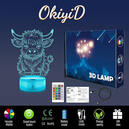 OkiyiD Highland Cow Gifts for Boys Girls,Highland Cow Night Light 3D Illusion lamp with 16 Colors Changing,Moo Decor for Kids Room Decor Birthday Gifts