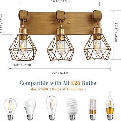 Farmhouse Bathroom Light Fixtures, 3-Light Gold Bathroom Vanity Light, Rustic Matte Antique Brass Finish with Metal Lampshade, Wall Sconces for Bedroom, Living Room, Hallway