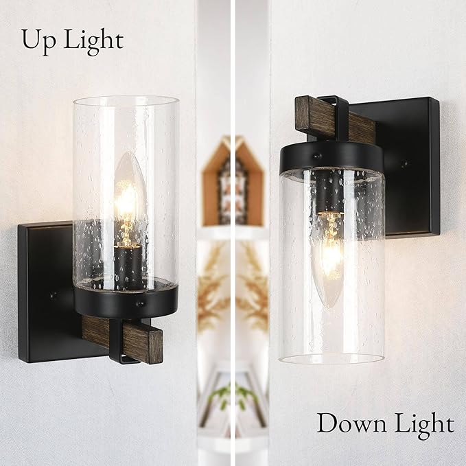KSANA Black Wall Sconces, Farmhouse Faux Wood Wall Light Fixtures with Seeded Glass Shade for Bedroom, Bathroom, Living Room