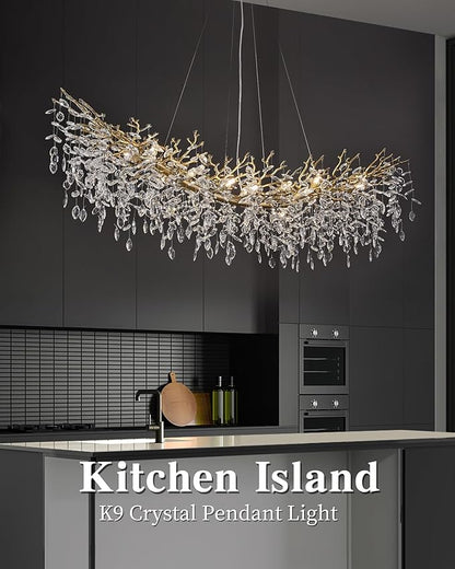 Modern Crystal Chandelier for Dining Room, 16-Light 55.12" Gold Tree Branch Chandeliers, Luxury K9 Crystal Rectangular Chandeliers for Kitchen Island Living Room