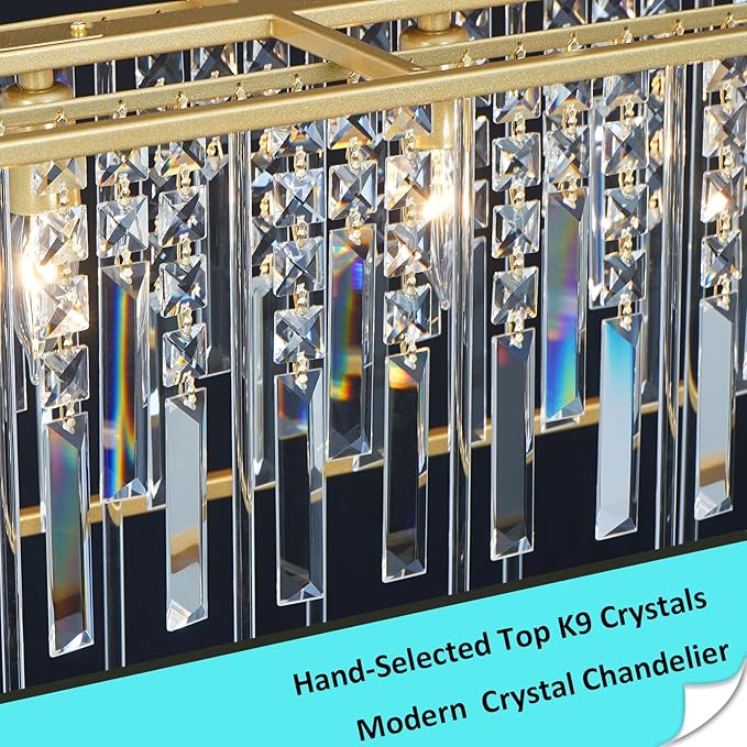 Modern Crystal Chandelier, Gold Rectangular Crystal Chandelier for Dining Room, 40" Top K9 Luxury Rectangle Farmhouse Light Fixture for Living Room, Kitchen Island L40xW12xH11