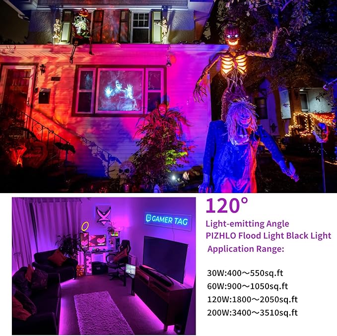 2 Pack 200W LED Black Light, Blacklight Flood With Plug & Switch, IP66 Waterproof Outdoor Spotlight for Neon Glow Party Fluorescent Poster Body Paint Stage Lighting Halloween Decor