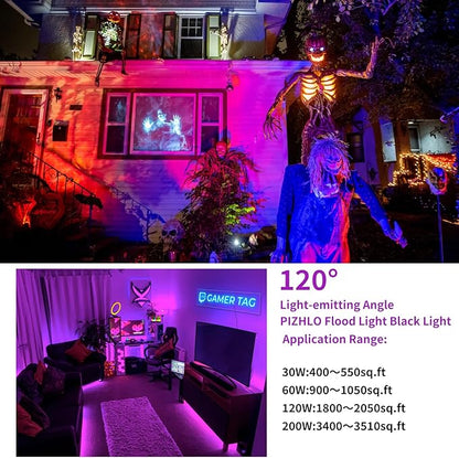 2 Pack 200W LED Black Light, Blacklight Flood With Plug & Switch, IP66 Waterproof Outdoor Spotlight for Neon Glow Party Fluorescent Poster Body Paint Stage Lighting Halloween Decor