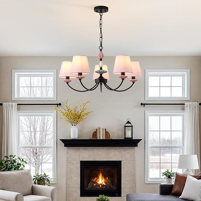 Pink Chandelier for Bedroom Light Fixture，Art Deco Chandelier with Fabric Shade,Antique Modern Chandeliers paired with Ceramic，Black Chandelier for Girls Bedroom，Living Room，Dining Room