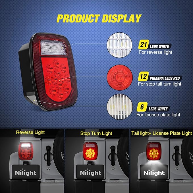 Nilight - TL-21 2PCS 39 LED Universal Stop Turn Tail Light for Truck Trailer Boat Jeep, 12V Stud Mounted Red/White Lamp