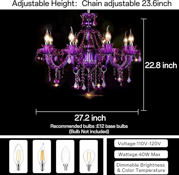 Bagood Purple 8 Lights K9 Crystal Candle Chandeliers Lighting Modern Pendant Lights Ceiling Fixture Lamp for Dining Living Room Bedroom Entry Elegant Decoration E12 Base, H20.5 x W28.3 Inch