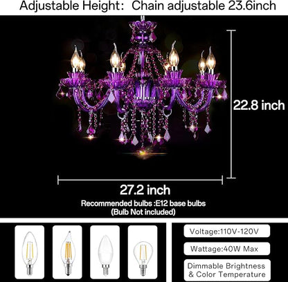 Bagood Purple 8 Lights K9 Crystal Candle Chandeliers Lighting Modern Pendant Lights Ceiling Fixture Lamp for Dining Living Room Bedroom Entry Elegant Decoration E12 Base, H20.5 x W28.3 Inch