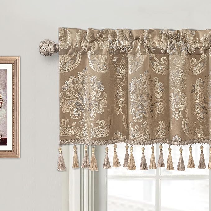 Loom and Mill Luxury Valances for Windows, Elegant Damask Thick Window Treatment Curtains Valance with Handmade Tassels for Living Room, Bedroom Party Banquet Decorations (54" x 18", Light Coffee)