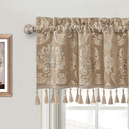Loom and Mill Luxury Valances for Windows, Elegant Damask Thick Window Treatment Curtains Valance with Handmade Tassels for Living Room, Bedroom Party Banquet Decorations (54" x 18", Light Coffee)
