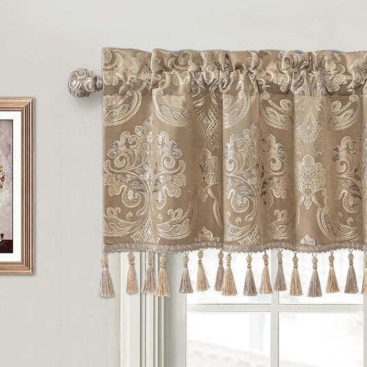 Loom and Mill Luxury Valances for Windows, Elegant Damask Thick Window Treatment Curtains Valance with Handmade Tassels for Living Room, Bedroom Party Banquet Decorations (54" x 18", Light Coffee)