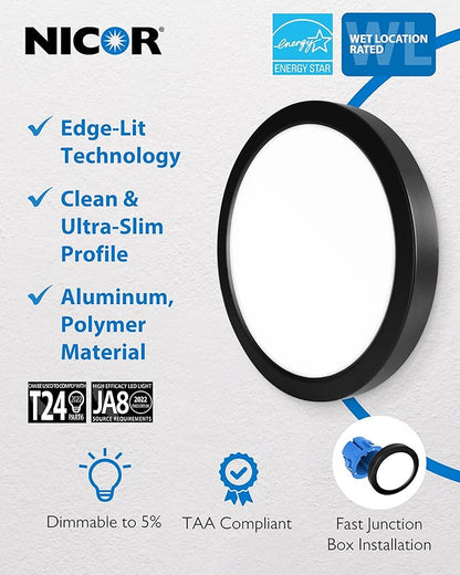 9” Round LED Surface Mount Ceiling Light - Dimmable Ceiling Light for Kitchen - Selectable CCT 2700K-5000K, 1261-1315 Lumens, 18.1W - DSE Edge-Lit Downlights for Ceiling, Black by NICOR Lighting