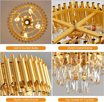 Gold Crystal Chandelier 3-Tier Dining Room Chandelier Light fixtures Modern Chandeliers for Dining Room Small Pendant Light Fixture for Living Room Foyer Kitchen Island Entryway Round 5 Light W15.7”