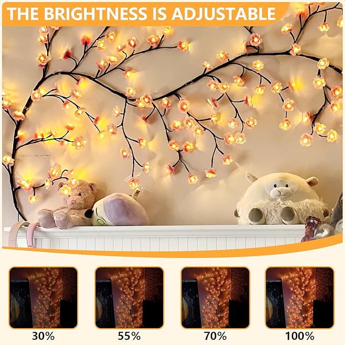 FNHMSL Cherry Enchanted Willow Vine Lights, 5.25FT 72LED Pink Cherry Blossom Tree Branch Lights for Wall, Remote Timer,8 Light Model,Bedroom Wall Doors Wedding, Christmas, USB Battery Box