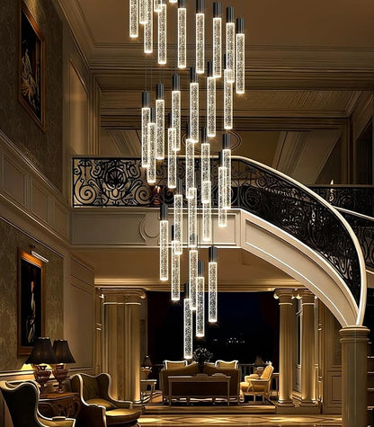 HAIXIANG 14.5 Foot High Ceiling Chandelier for Entryway Modern Crystal Lights for Living Room Foyer Flush Mount Sloping Ceiling Pendant Light Fixture Remote Dimmable 28-Lights Black