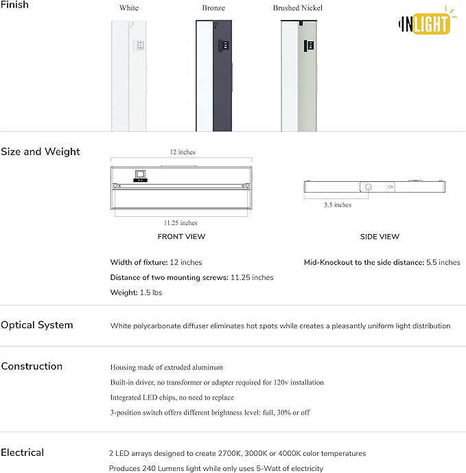 Getinlight 12-inch 3 Color Levels LED Under Cabinet Lighting, Hardwired or Plugged-in, Selectable White 2700K/3000K/4000K, Dimmable, Bronze Finished, IN-0210-1-BZ