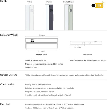 Getinlight 12-inch 3 Color Levels LED Under Cabinet Lighting, Hardwired or Plugged-in, Selectable White 2700K/3000K/4000K, Dimmable, Brushed Nickel Finished, IN-0210-1-SN