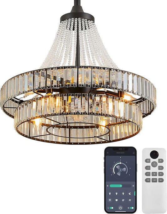 24“ Farmhouse Crystal Chandelier Ceiling Fan with Lights, Remote & App Control, 6-Speed Reversible Large Fandelier, Double Layer Design for Bedroom, Living Room (Black)