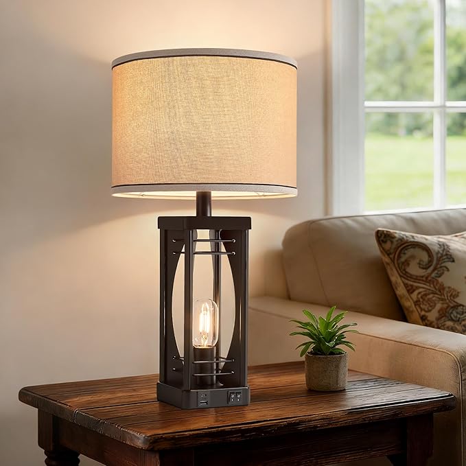 SRJJA Farmhouse Table Lamps Set of 2 for Living Room, Rustic Nightstand Lamps with USB A+C Charging Ports, 22.5" Dual Light Industrial Bedside Lamp with Linen Shade for Bedroom End Tables